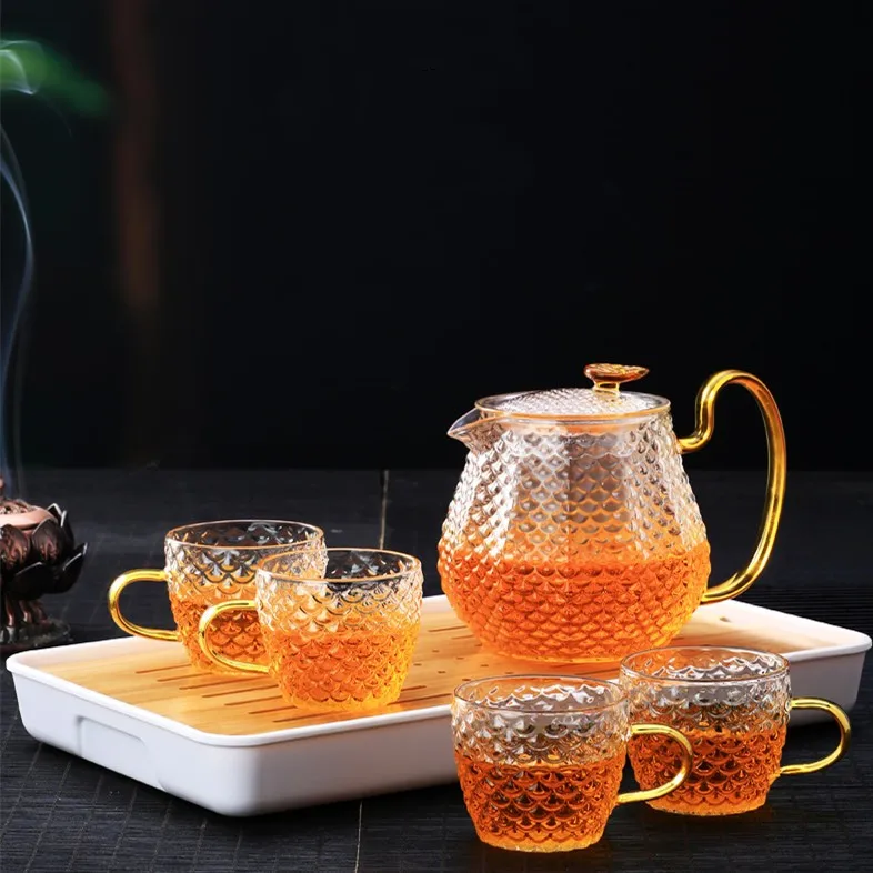 Qian Hu Vintage Clear Luxury Turkish Kettle Glass Teapot Set with Arabic Style Gold Metal Holder