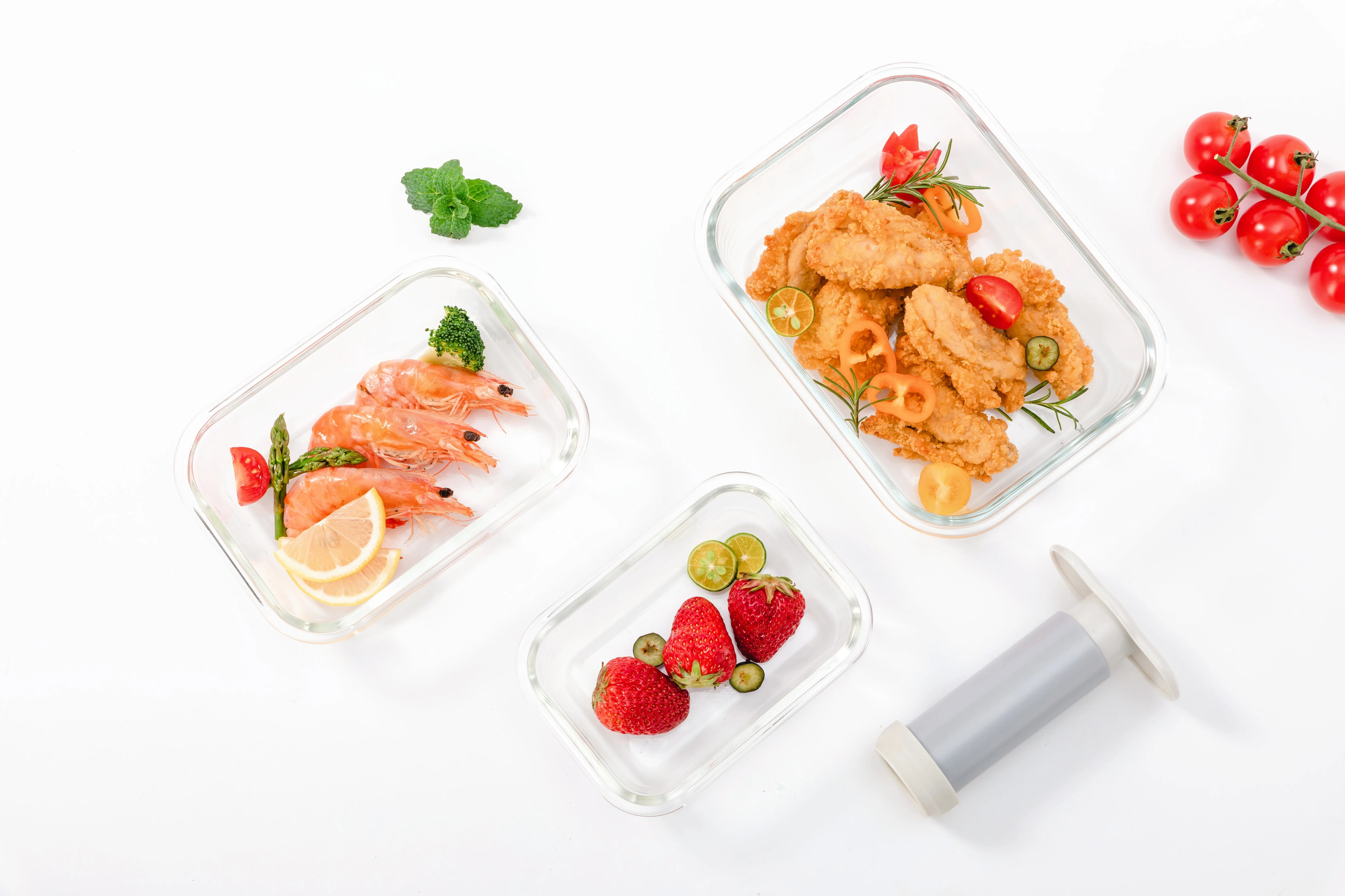 vacuum glass food storage suit/meal prep containers glass air tight/color box packingvented lid glass food container