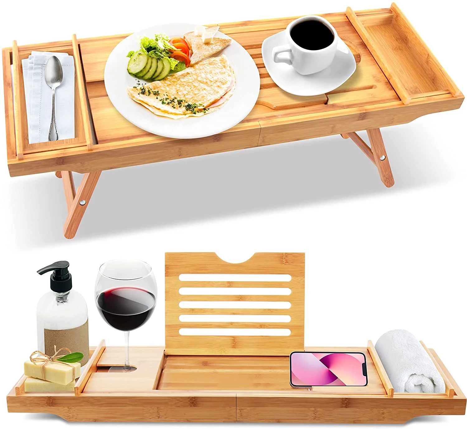 Оптовая продажа с фабрики Складная бамбуковая обеденная тарелка большой Бамбуковый стол для кровати ручкой Ванна Caddy Tray