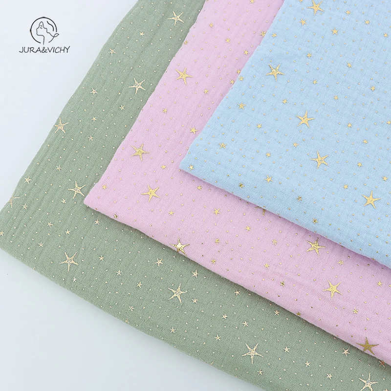 Custom Yellow Gold Sliver DIY 100% Cotton Double Gauze 3D Rubber Foil star Print Muslin Fabric for Baby