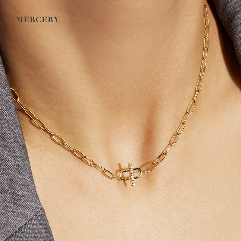 14K позолоченные цветной камень ожерелье леди Jewely звено цепи 925 Серебряное колье Скрепка из 14-каратного золота с Кулоны нержавеющей