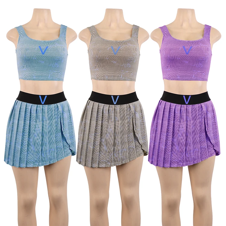 Wholesale Custom Women Sexy Sport 2  Piece Set Sleeveless Crop Top And Tennis Mini Skirts