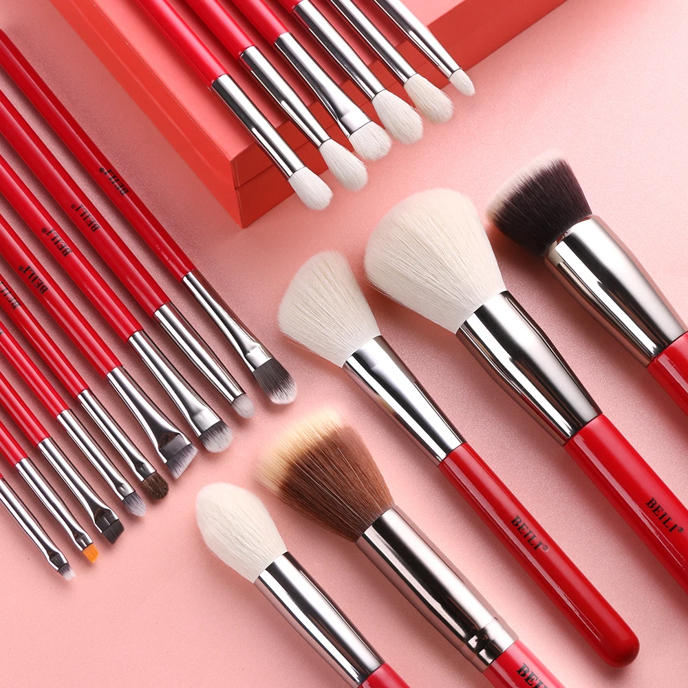 BEILI Red 30pcs make up brushes Private label Natural goat pony hair Matte handle face makeup brush set stock brochas maquillaje