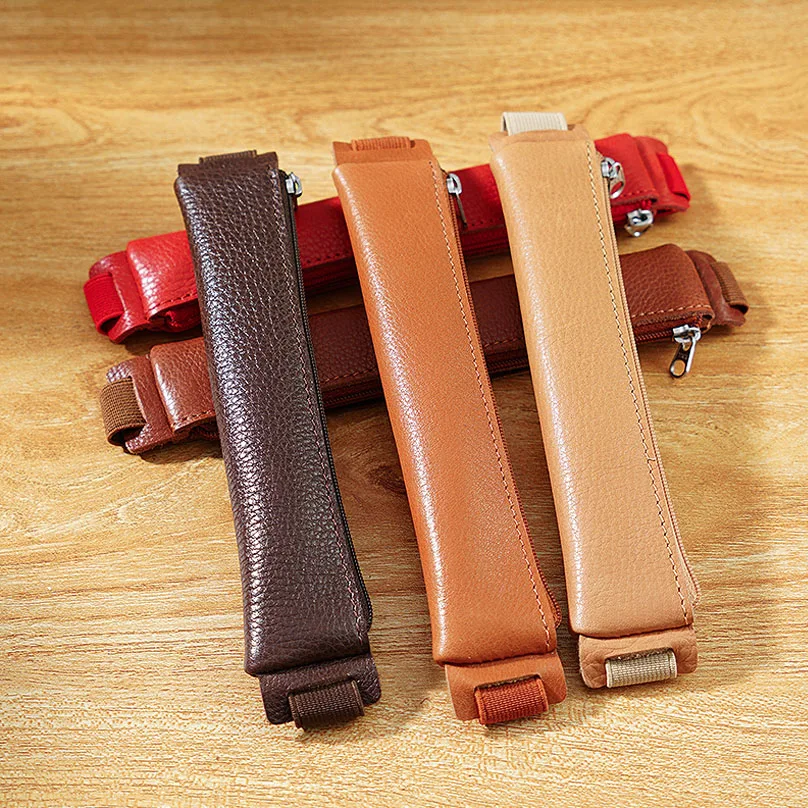 AIGUONIU Genuine Leather Pens Wallet Pencil Case Cowhide Zipper Pen Pouch With Elastic Band Can Use as Bookmark