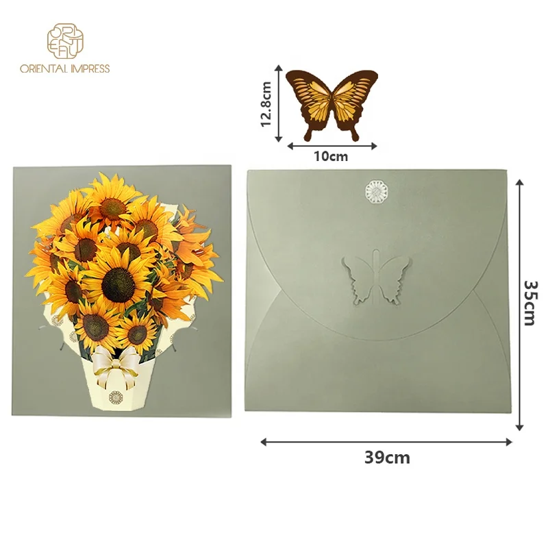 2024 Large Size Handmade Flower Bouquet Ornaments 3D Sunflower Pop Up Cards with Envelope