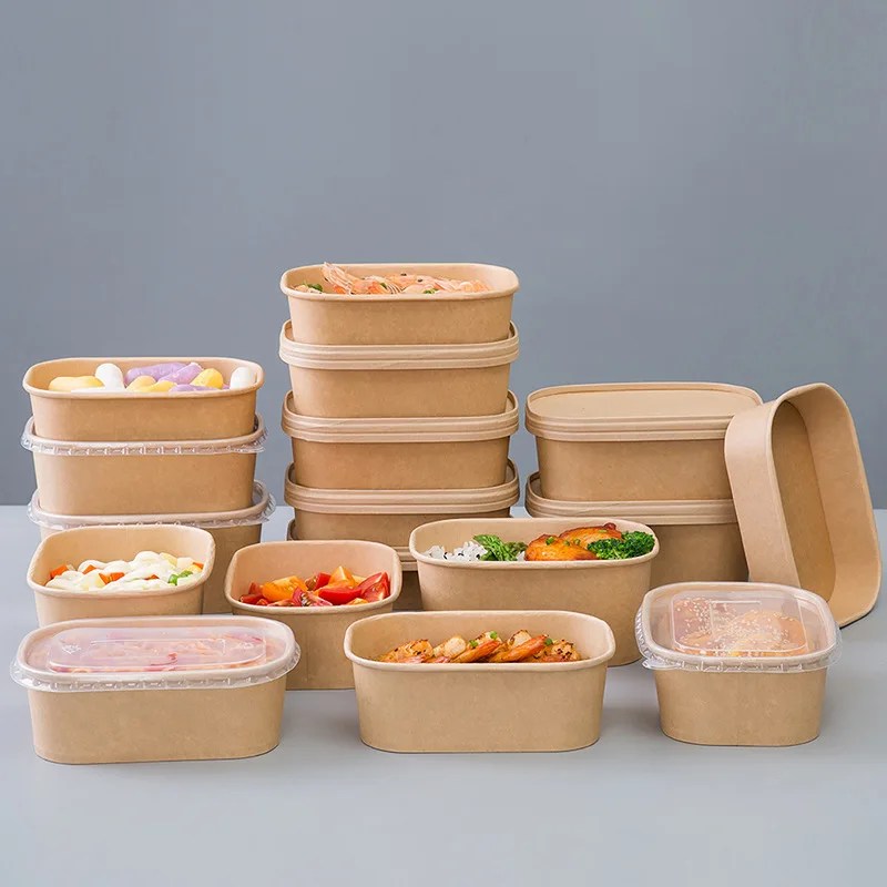 Disposable kraft paper square rectangular box takeaway lunch snack box green salad packaging bowl with cover.