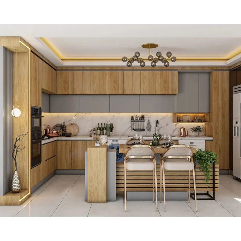 Universal Style Stone Look Countertop Warm Color Solid Wood Design High Quality Kitchen Cabinet