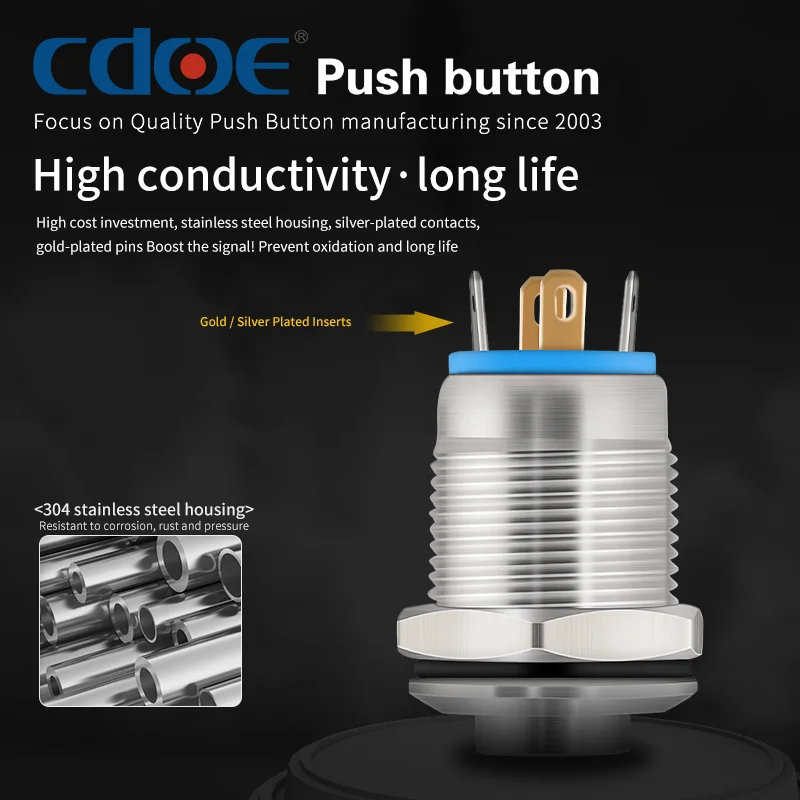 Контактный терминал с подсветкой диаметром 12 мм, плоская и круглая головки, нормально открытый мгновенный металлический кнопочный переключатель