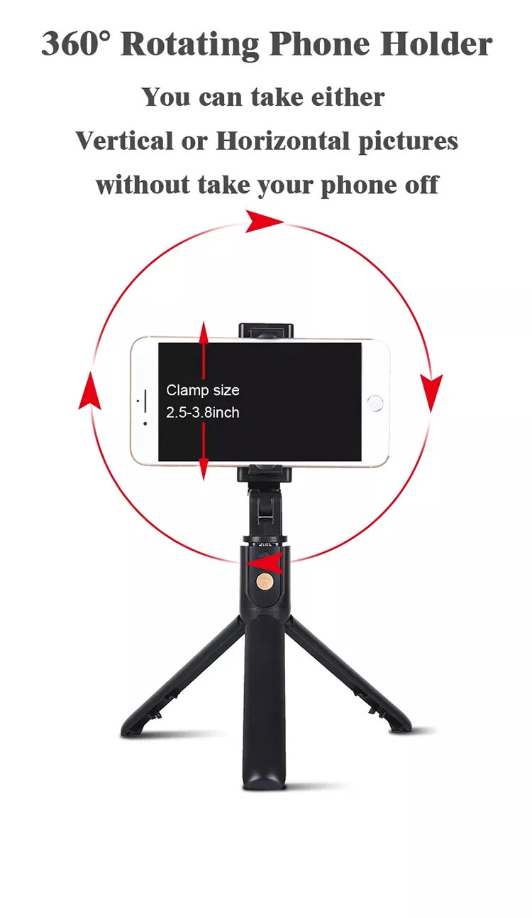 Hot Sale K10 Universal 360 Degree Rotatable with Tripod Bendable Black Mirror remote control Smartphone Phone fold Selfie Stick