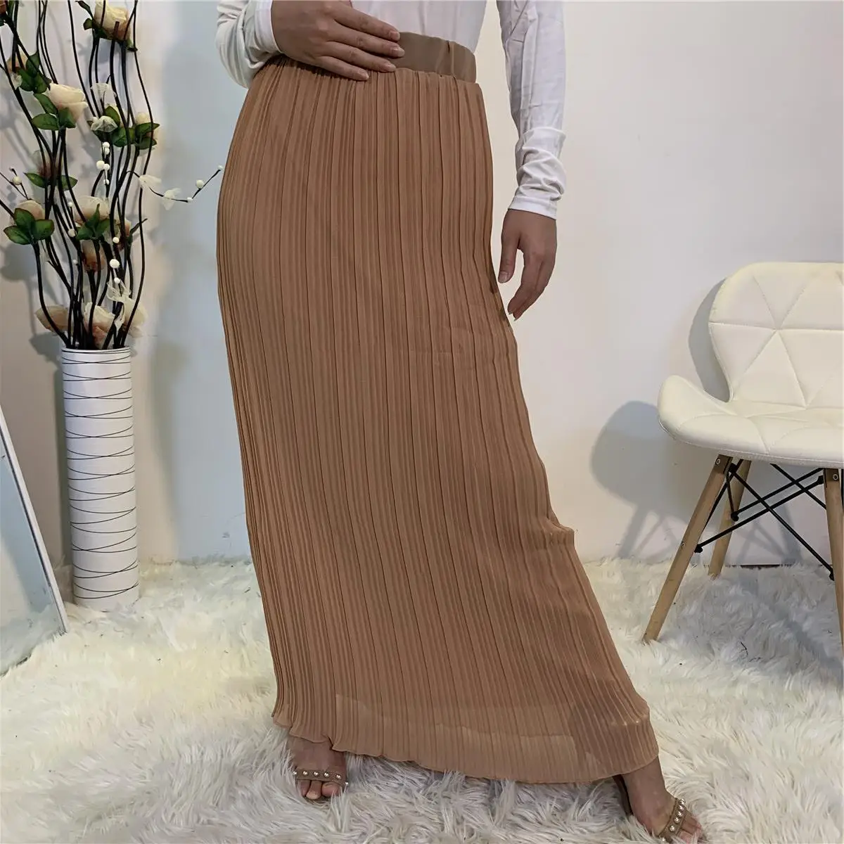 Muslim Women Long Skirts Pleated Chiffon Half Skirts