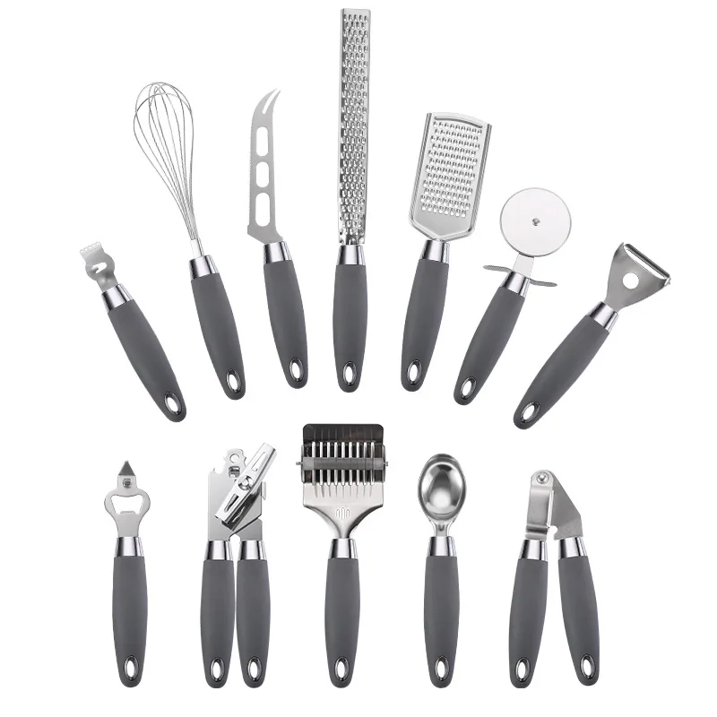 12PCS Kitchen Tools Whisk Garlic Cheese Knife Grater Pizza Cutter Can Bottle Opener Kitchen Gadget Set with Plastic Hole Handle