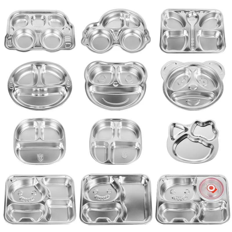 Free Laser Logo 304 Stainless Steel Cartoon Divided Dinner Plate Various Shapes Student School Lunch Divided Food Dinner Tray