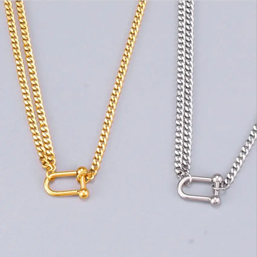 18k Necklace European and American necklace Stainless Steel Jewelry Gold Plated Horseshoe Pendant HipHop Cuban Chain Necklace