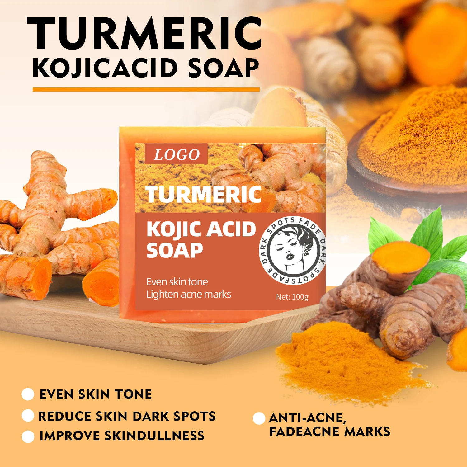 BLIW Private Label Organic Anti-aging Whitening Anti Acne Marks Turmeric Kojic Acid Soap For Bathing And Facial Cleansing