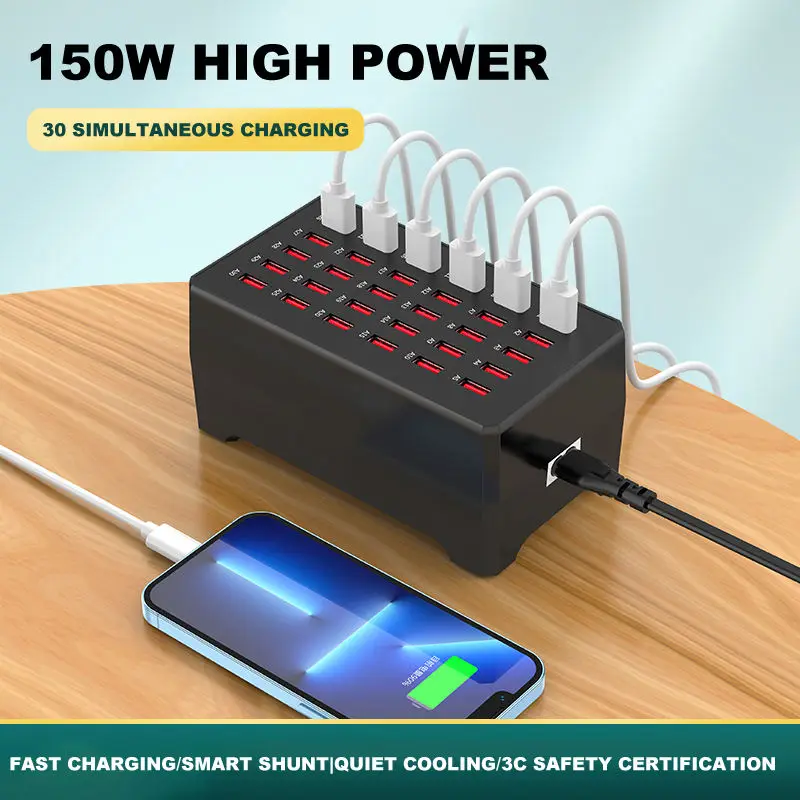 Hotel School Store 30-Port USB Charging Station Multi-Port Power Outlet 150W Wall Charger Socket for Tablet and Scooter Use