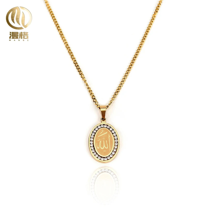 Factory outlet Stainless steel golden Vacuum plating 3mm Allah Necklace with 22mm*34mm zircon pendant