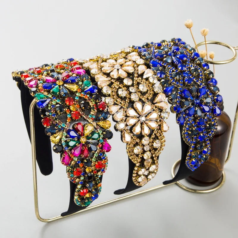 Bling crystal headband women diamond baroque headband trends luxury rhinestone party queen flower headband