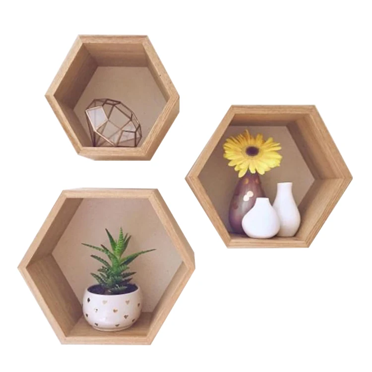 Wood Floating Shadow Box Honeycomb Hexagon Wall pine shelf