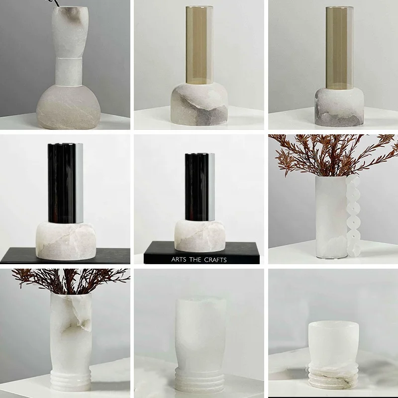 stonekocc Spanish Alabaster White Marble Decorative Vessels High-grade Flower Arrangement Living Room Hotel Vase Crafts
