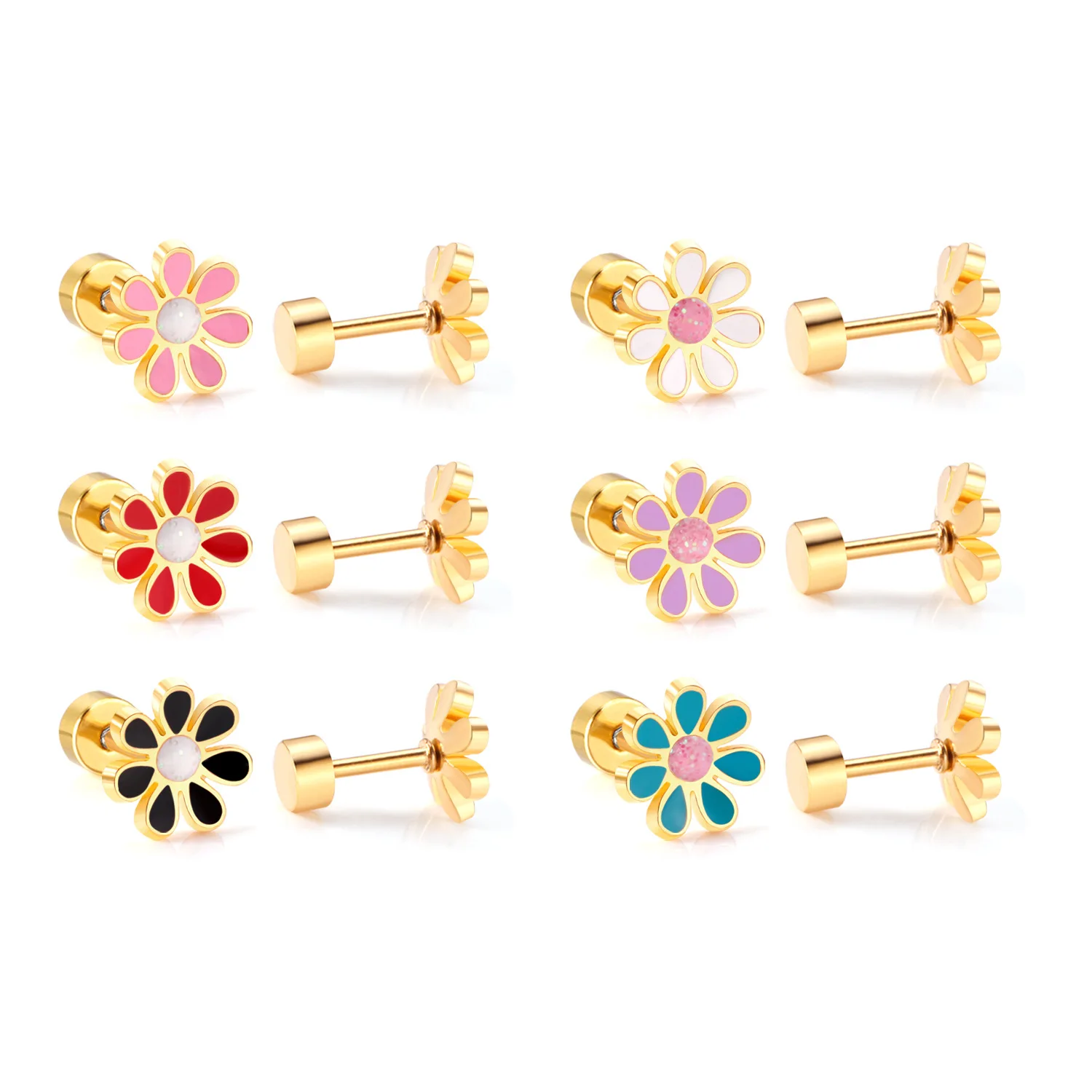 Hot Sale Jewelry Stainless Steel Mixed Color Flower Shape Screw Earrings 18K PVD Gold Plated Flat Screw Back Earrings For Girls