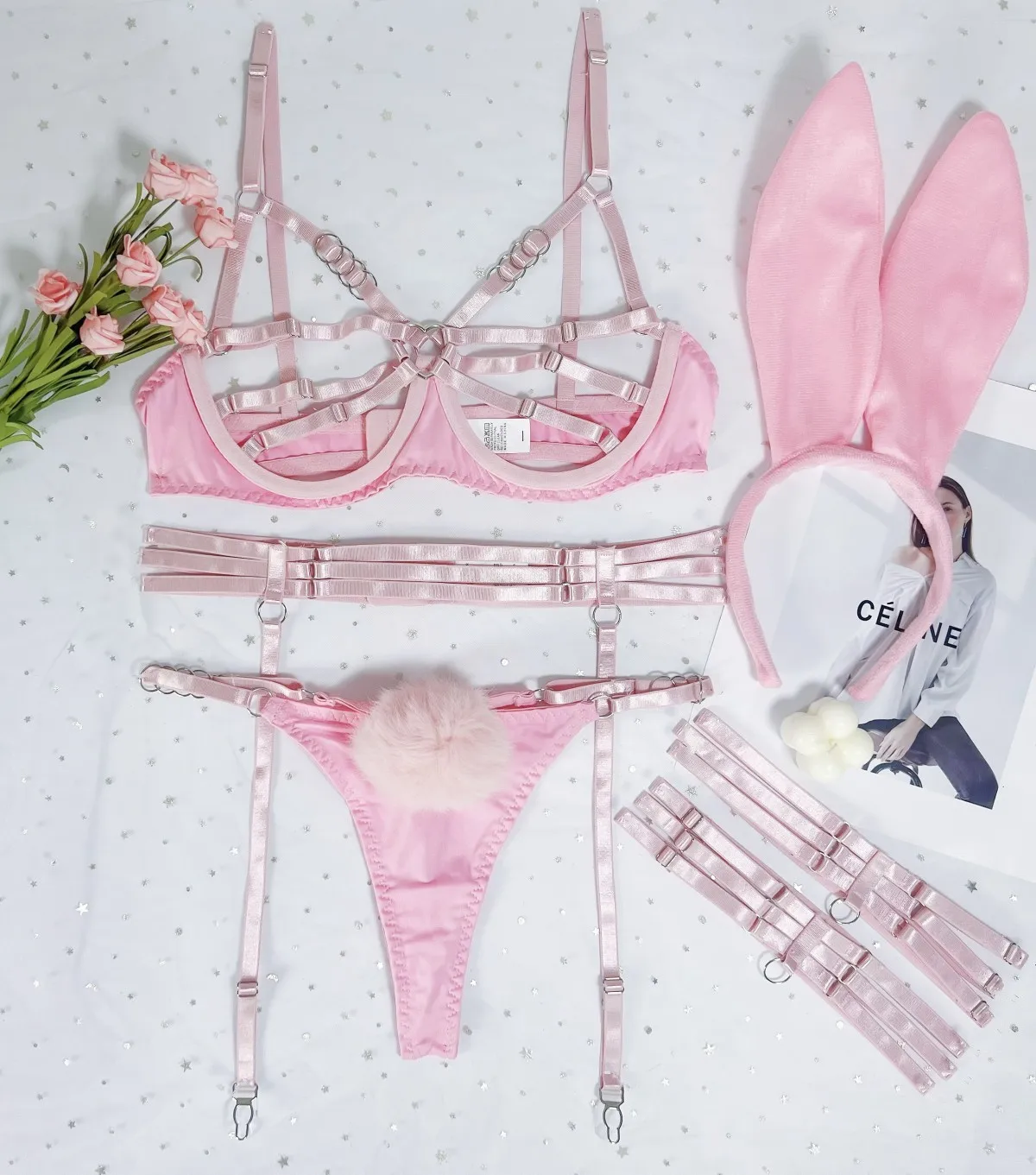 Halloween Costume Play Pink Bunny Ladies Set With Bandage Bra Pantie Garter Rabbit Tail Headband Hollow Out Women Lingerie Set