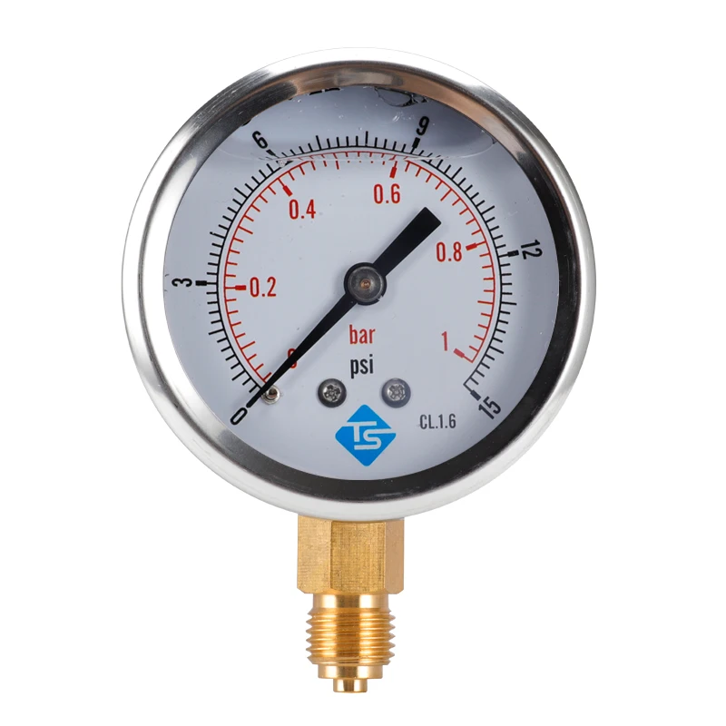 0-1bar,0-15psi Stainless steel shell Shock- proof oil - filled pressure gauge ,lower mount manometer