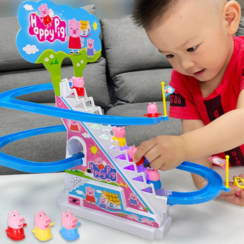 Electric Track Piggy Climbing Stairs Toys with Music Light Slide the Game Match