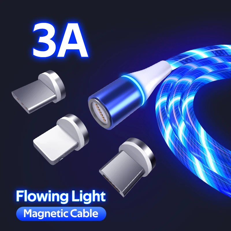 Wholesale 1m 2m 360 degree 3 in 1 Led Light Flowing Luminous USB Data Transfer 3A Fast Charging Magnetic Cable For Iphone