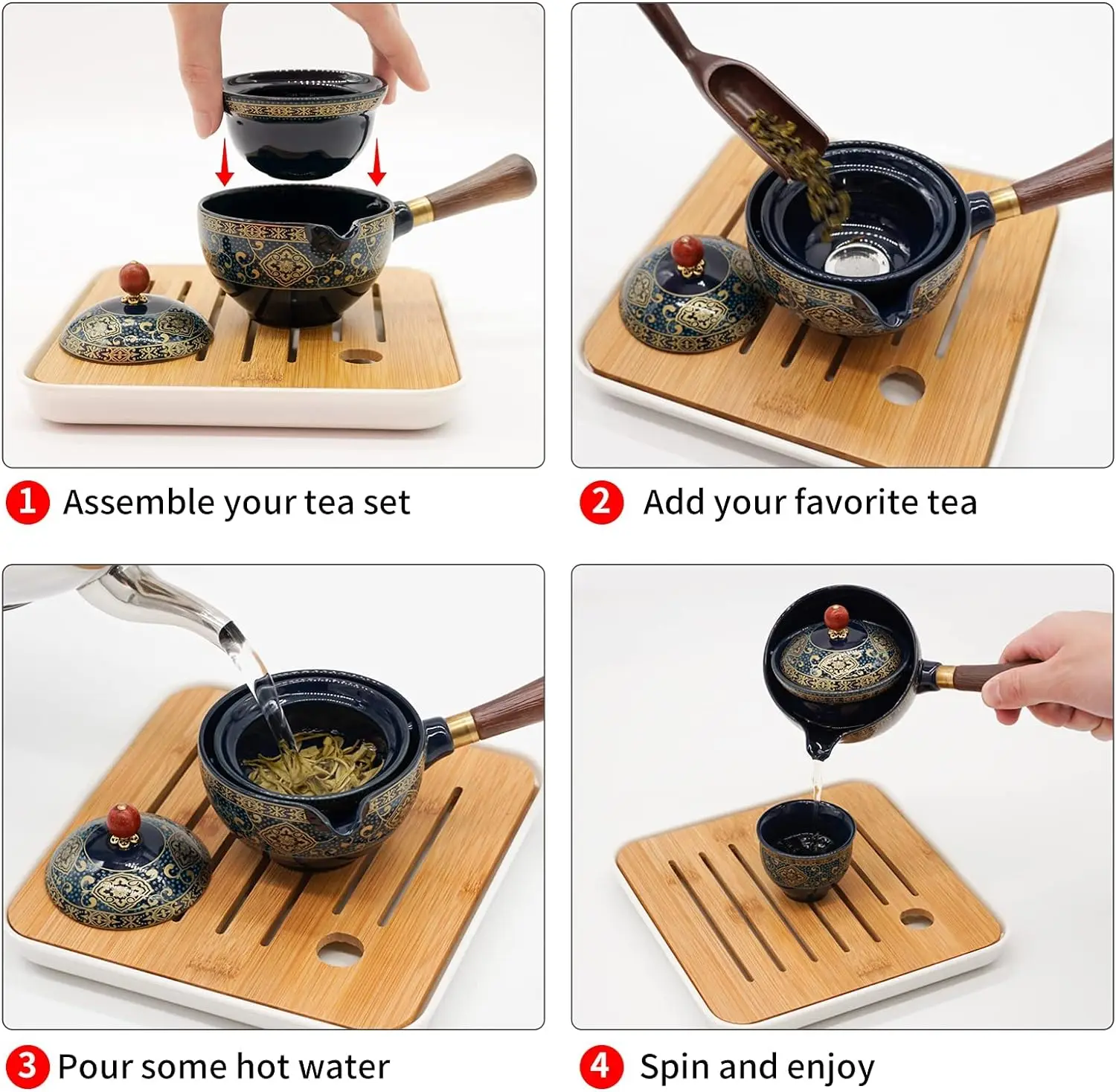 Porcelain Chinese Travel Gongfu Tea Set,Portable Teapot Set with 360 Rotation Tea maker and Infuser All in One Gift Bag