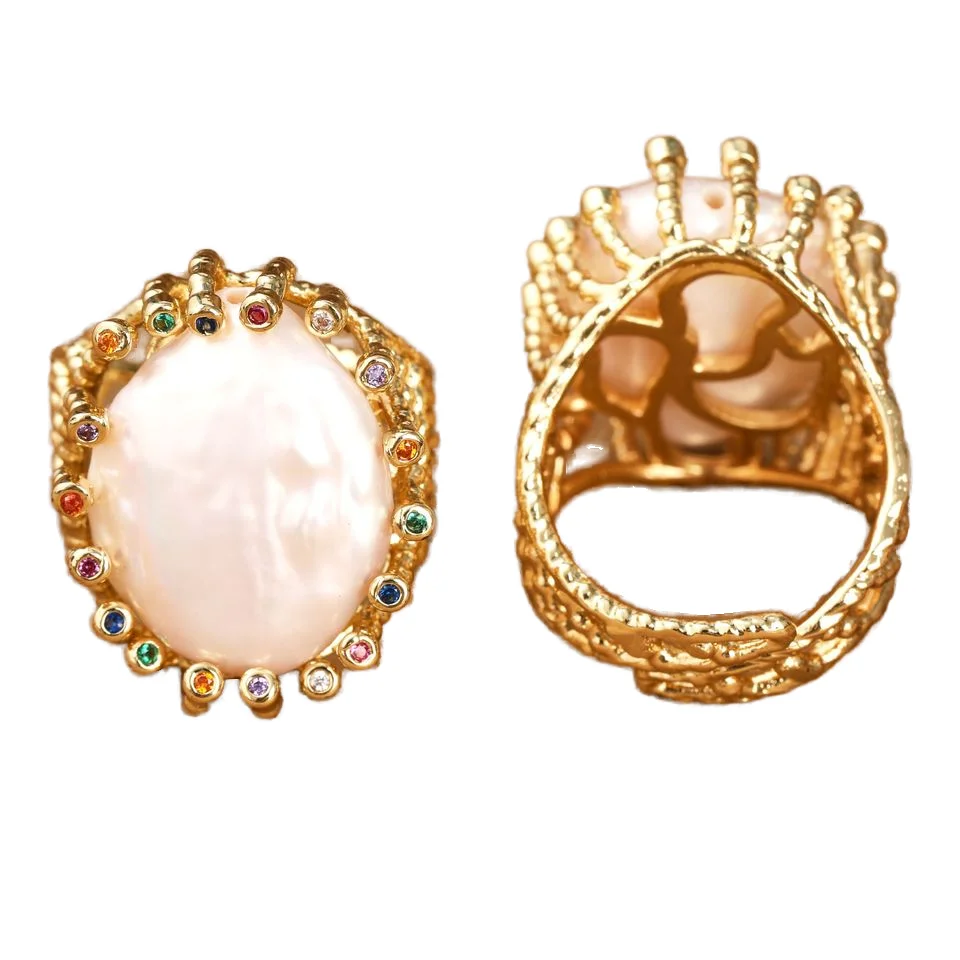 Classic Gold Plated Freshwater Pearl Ring 18k Natural Jewelry with Claw Setting for Gifts and Parties