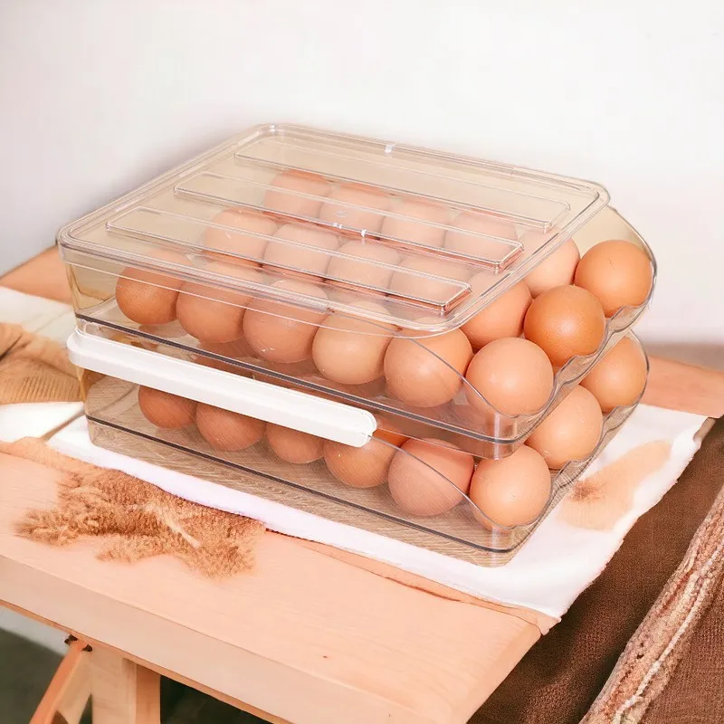 Transparent Double Layer Egg Storage Box Kitchen Fresh-Keeper for Refrigerator Rock Rolling Egg Tray for Food Storage