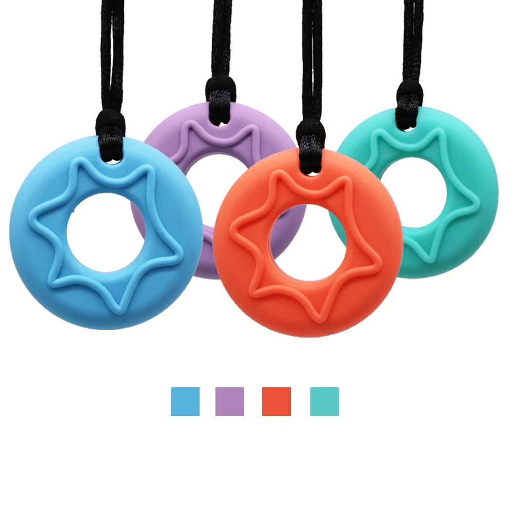Durable Autism Chewable Rattle Necklace Non-Toxic Sensory Baby Toys Donut Soft-Textured Baby Teether Silicone Pendant
