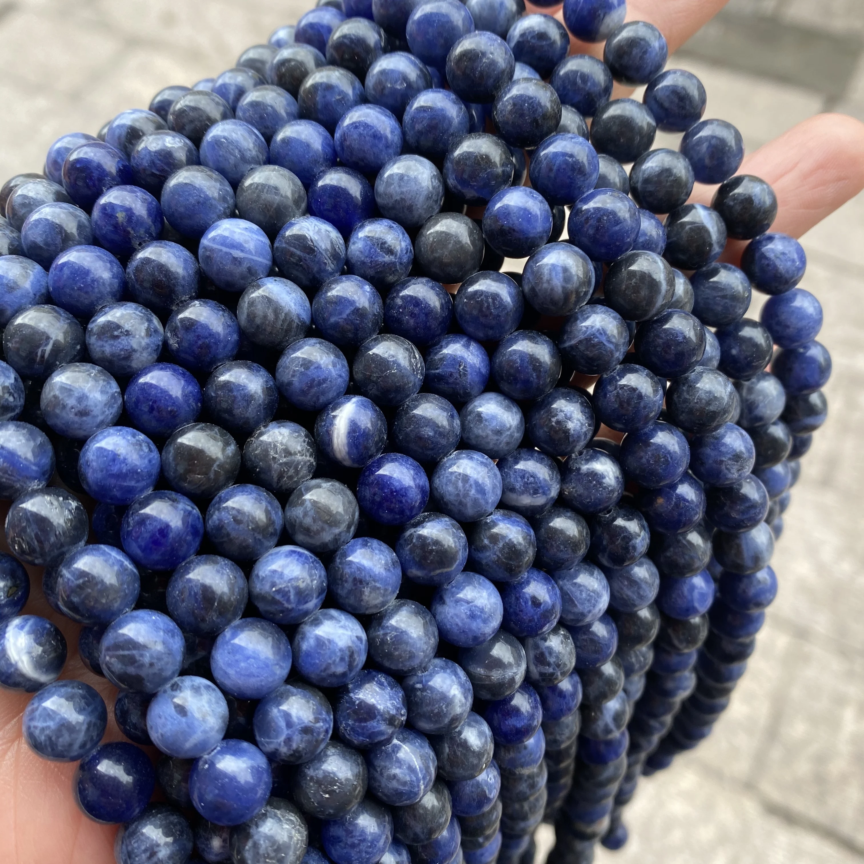 Yiwu Natural Stone Supplier Deep Blue Sodalite Polished Loose Round Beads White Pattern Lace Sodalite Beads for Jewelry Making