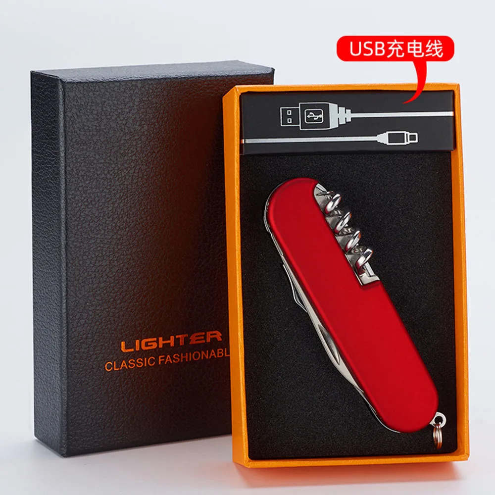 Multi-function USB Rechargeable Double Arc Lighter with Knife Opener Screwdriver Outdoor Metal Lighter