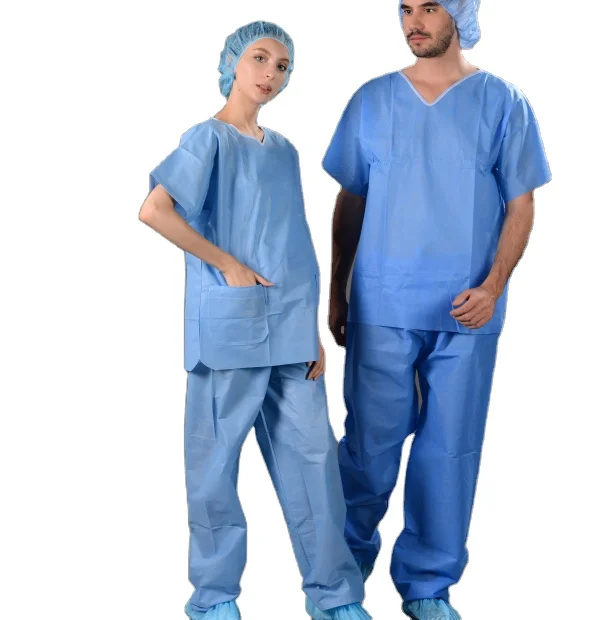 PP Nonwoven Blue Hospital Uniforms Disposable Nurse Scrub Suit and Doctor Pajamas for Patients Comfortable and Hygienic