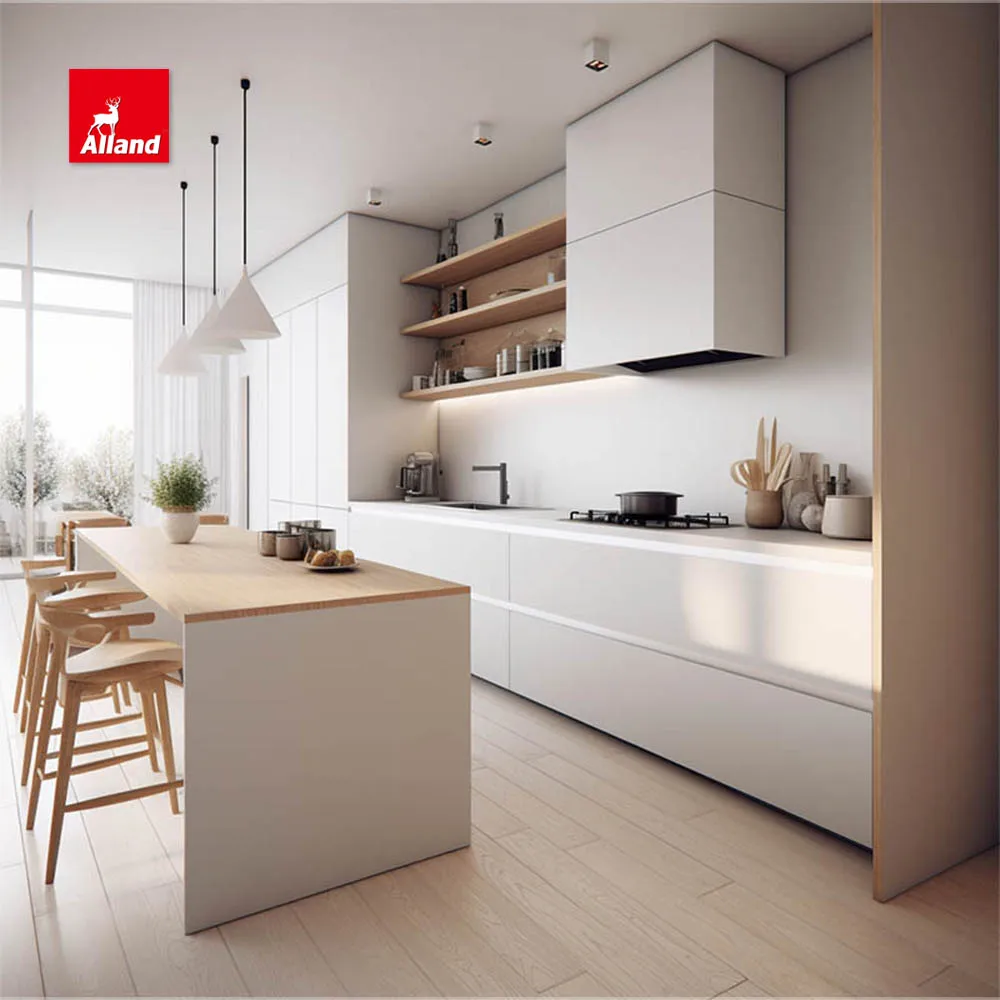 China Good Price Modern Flat Style White High Gloss Matte Lacquer MDF Plywood Handleless Kitchen Cabinet with Countertop Island