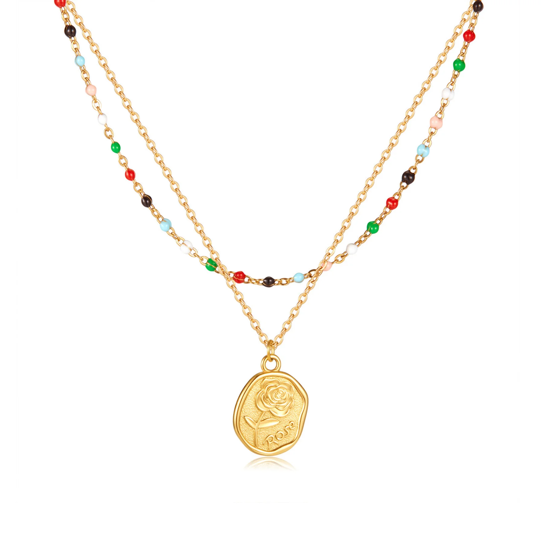 Rainbow Stones Rose Necklace 18K Gold Plated Stainless Steel Dripping Oil Double Layered Chain Choker Non Tarnish Waterproof