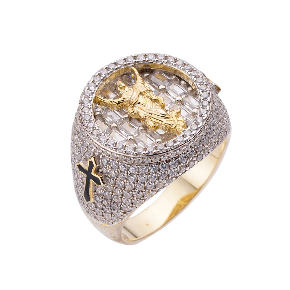 Hip Hop Ice Out Baguette 5A Cubic Zirconia Christian Religious 925 Silver Rhodium Plated Jesus Rings