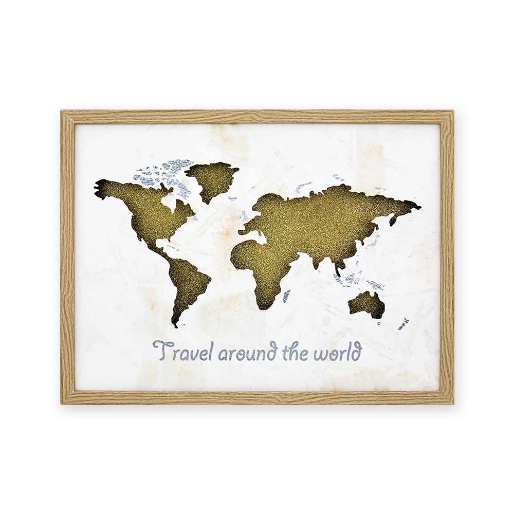 Verified manufacturers Nordic Style Unique Design Wooden Double Layer World Map Glitter Painting Wall Art Decor Wholesale