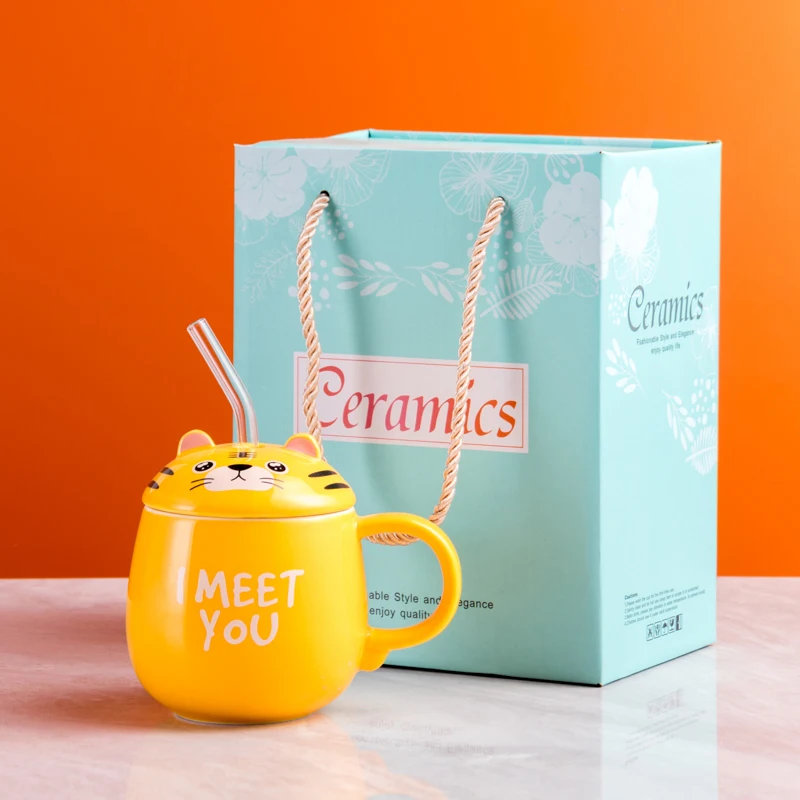 Cute Tiger Coffee Ceramic Cup Couple Mug Milk Water Cup Custom Ceramic Mug with lid