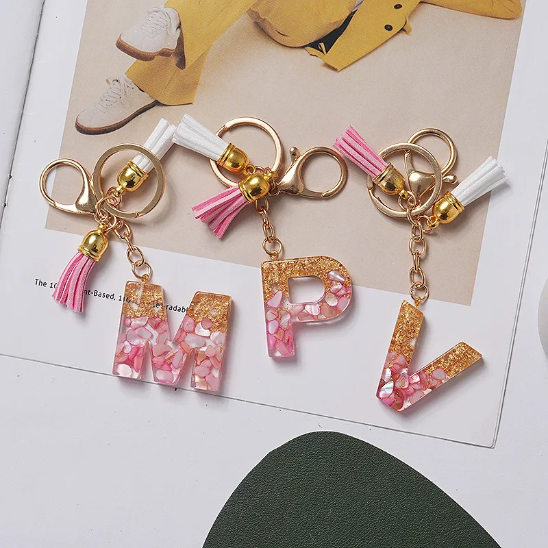 Fashion English initial keychains letter With Pink Blue Tassel A-Z Keyring Glitter Stone Fill Resin letter KeyChain charm Gift