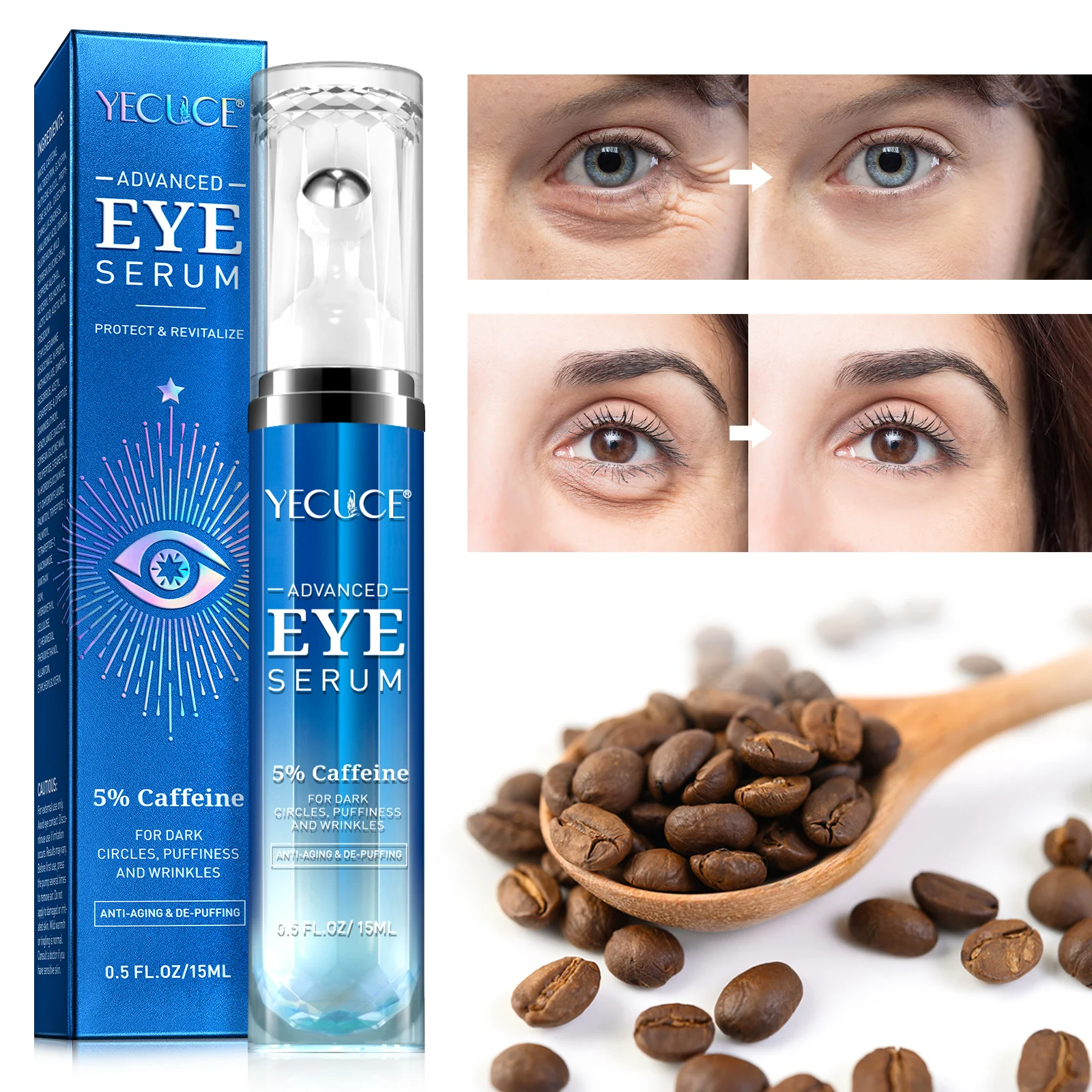 YECUCE hyaluronic acid anti aging eye contour serum roller 360 eye wrinkle lift serum retinol caffeine under eye lash serum