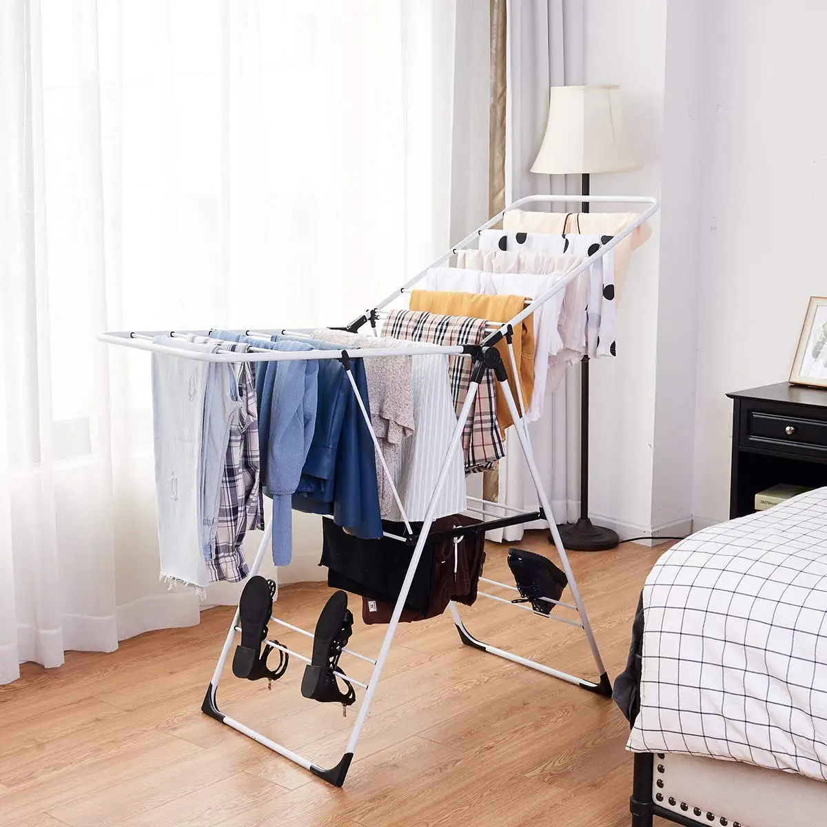 Hot Selling Stainless Floor Folding Clothes Drying Rack Foldable Clothes Rack hanger Laundry Rack with Shoe Hangers