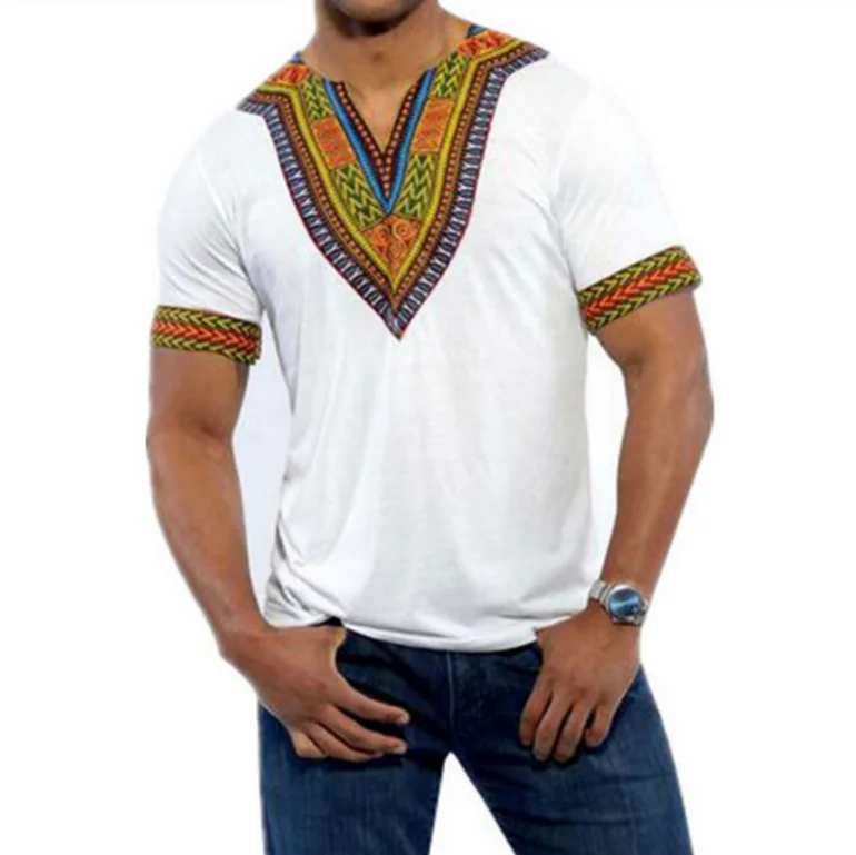  Fasion Wear Casual Short Sleeves V-neck T-shirt Ethnic Style African Wax Print Fabric Mens Top Designers Clothing Low