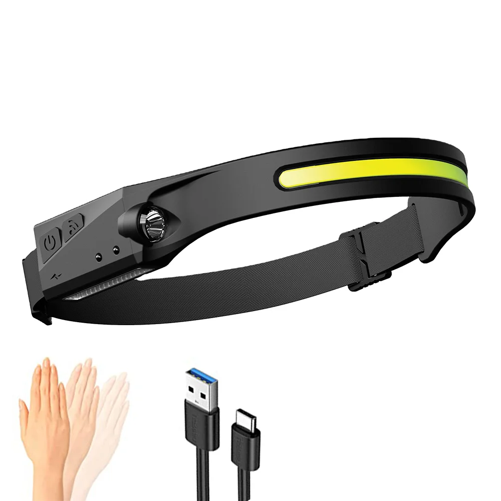 Waterproof Portable Led Headlamp Red Warning Light Type-c Rechargeable Cob Wide Beam Led Headlights