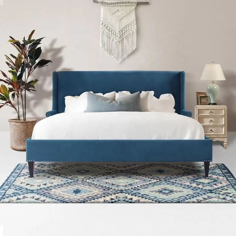 Modern Luxury Bedroom Furniture Sets Hotel King Size Double Single Solid Wood Upholstered Platform Bed Base Frame Slat Headboard