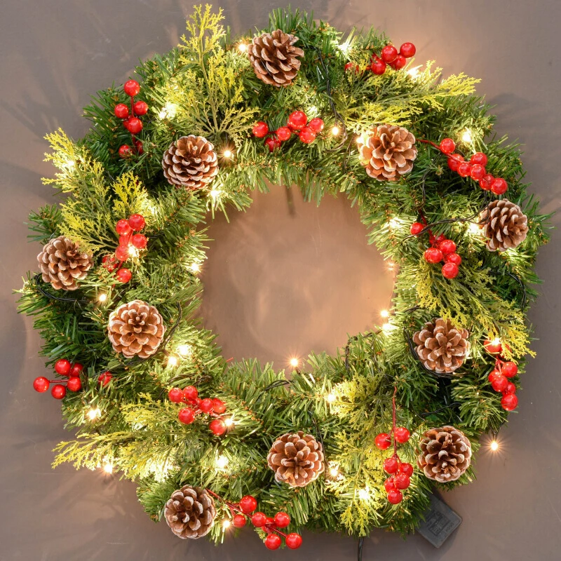 2022 New Beautiful Golden Warm LED Christmas Wreath Artificial Natural Pine Ball Wreath