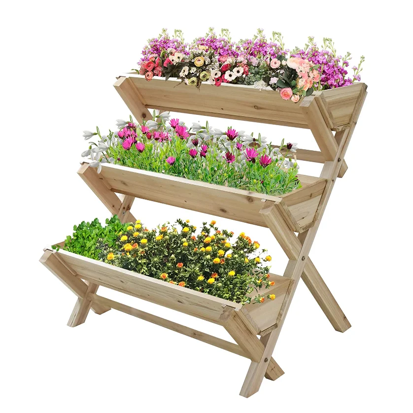 Backyard Outdoor 3 Tier Vertical Garden Tower Wood Plant Stand Raised Garden Bed With Legs