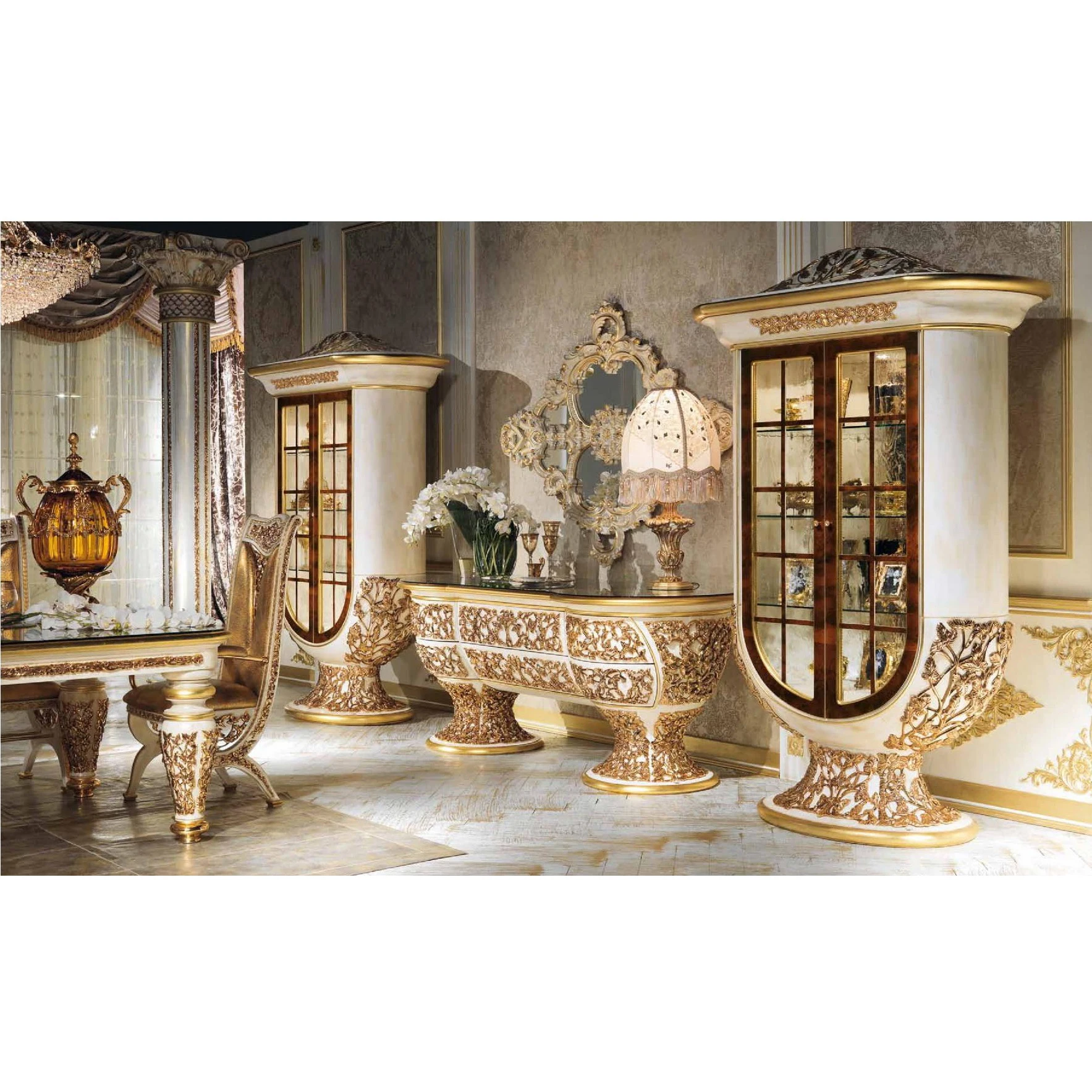 Luxury Wooden Wine Cabinet European Golden Sideboard