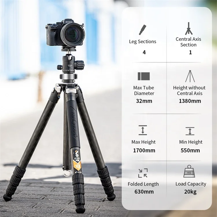 K&F Concept DSLR Camera Carbon Fiber Tripod with Ball Head Quick Release Plate